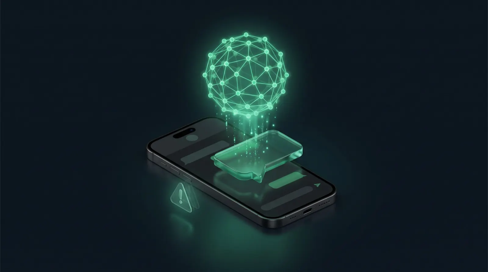 Sphère de réseau neuronal lumineuse au-dessus d'un smartphone WhatsApp