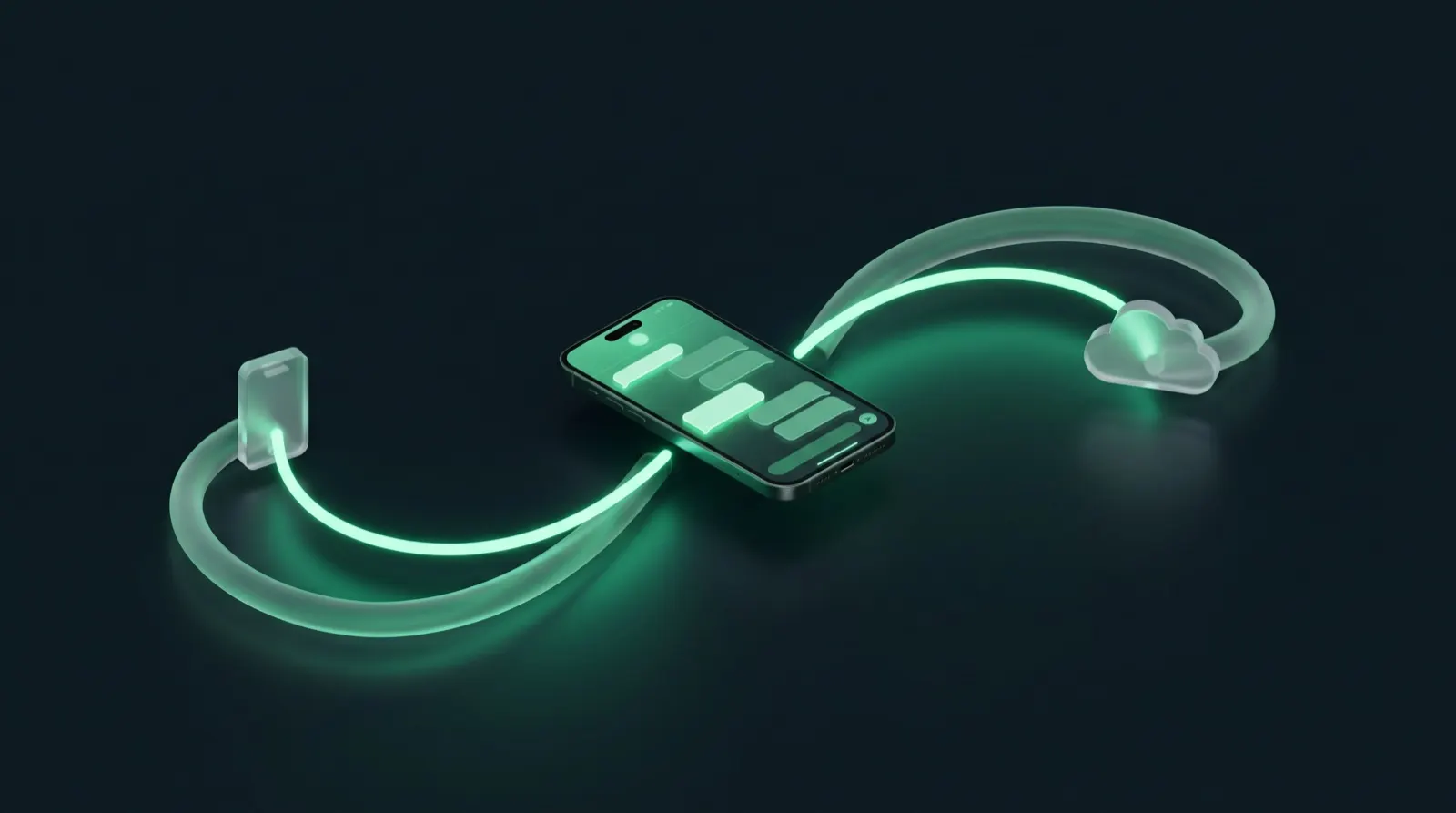Smartphone relié par deux chemins lumineux à une icône d'application et à un nuage