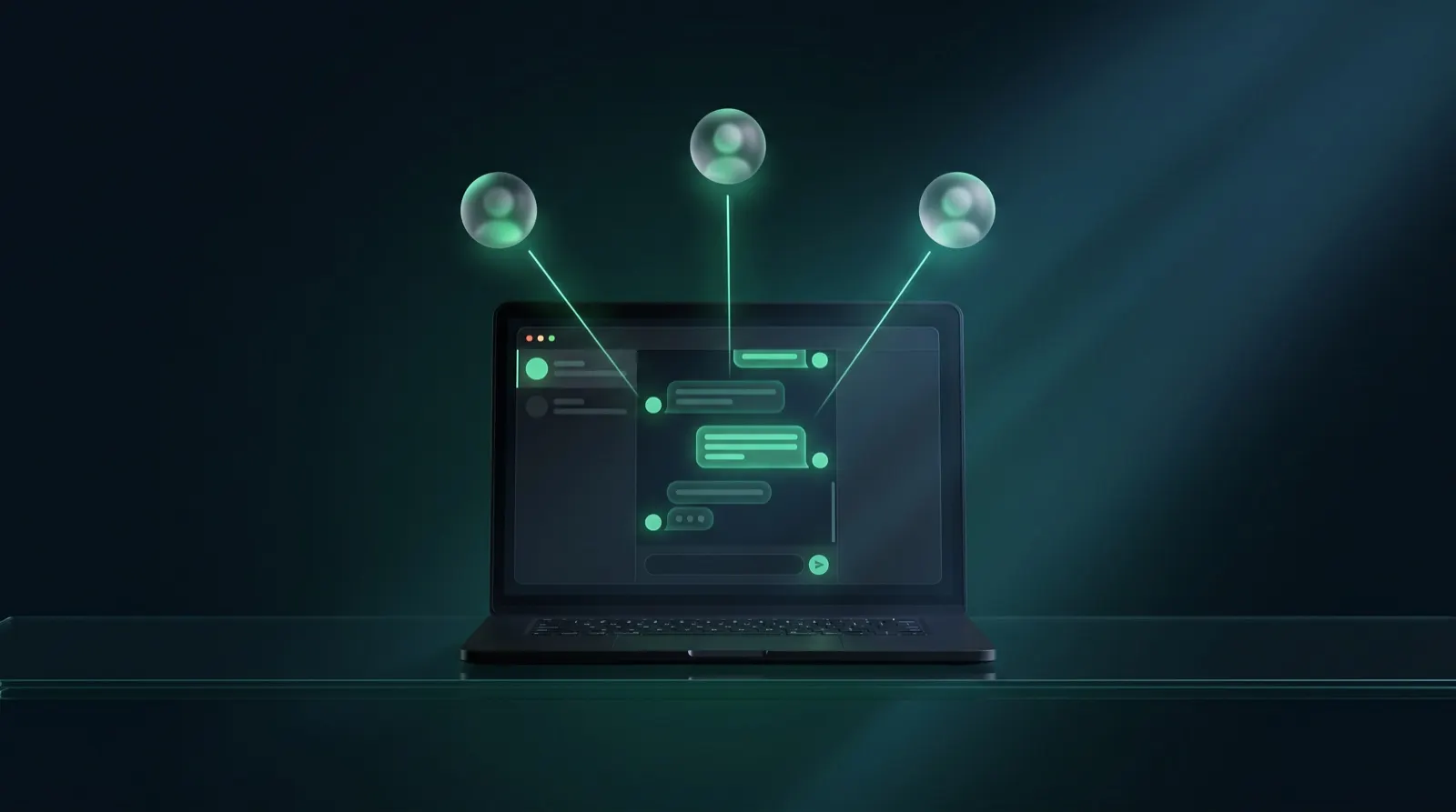 Ordinateur portable affichant une boîte de réception WhatsApp reliée à trois avatars d'agents
