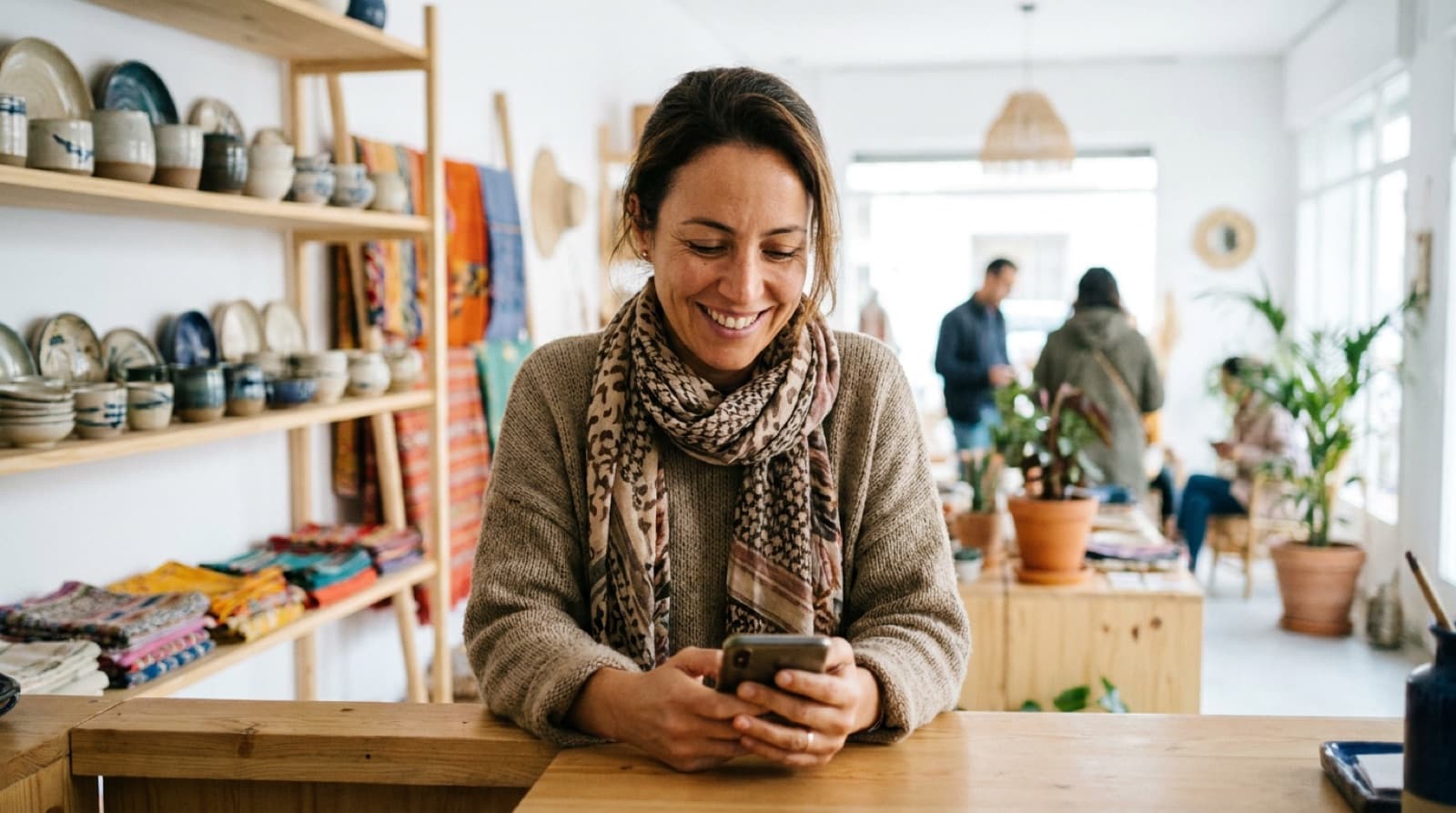 Commerçante souriante qui répond à un client sur WhatsApp dans sa boutique de Casablanca