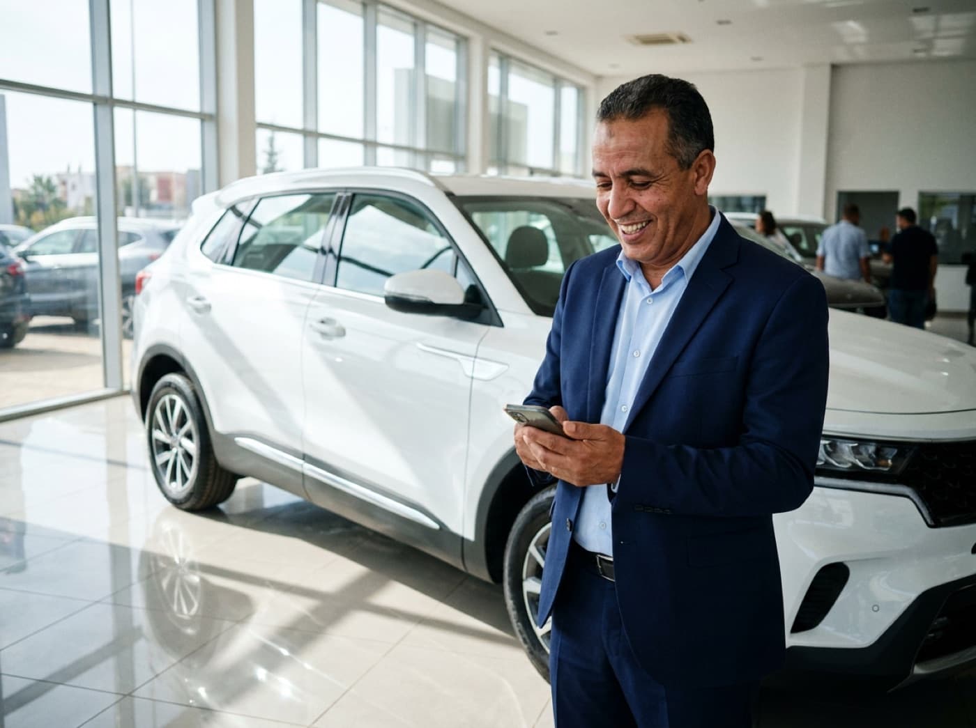 Conseiller commercial dans un showroom automobile répondant à un client sur WhatsApp