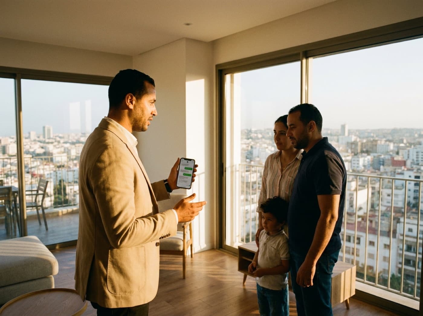 Agent immobilier présentant un appartement à une famille, téléphone à la main