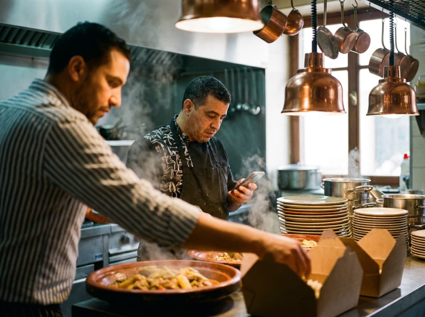 Chef lisant une commande de livraison sur son téléphone dans une cuisine de restaurant