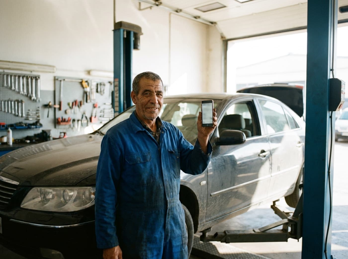 Conseiller commercial dans un showroom automobile répondant à un client sur WhatsApp