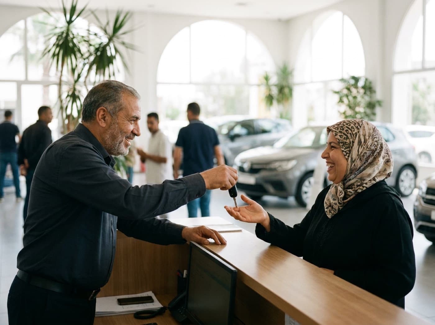 Conseiller commercial dans un showroom automobile répondant à un client sur WhatsApp