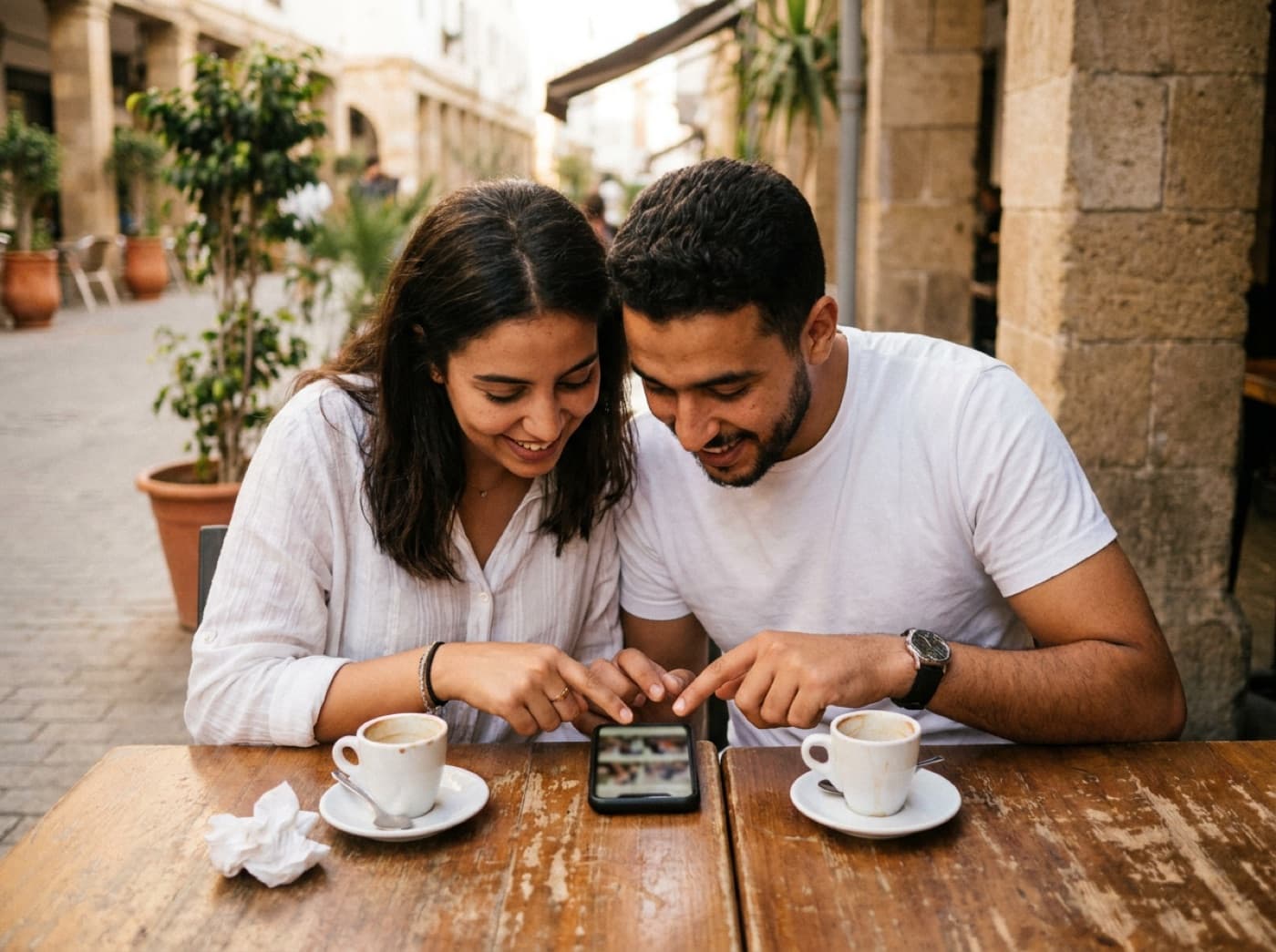 Agent immobilier présentant un appartement à une famille, téléphone à la main