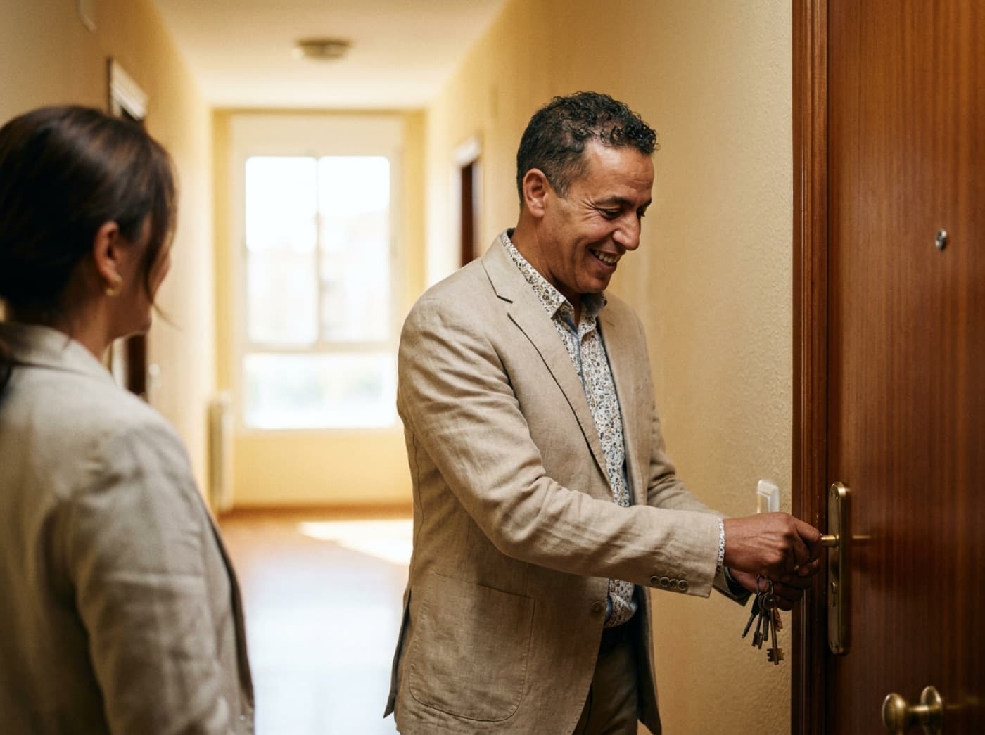 Agent immobilier présentant un appartement à une famille, téléphone à la main