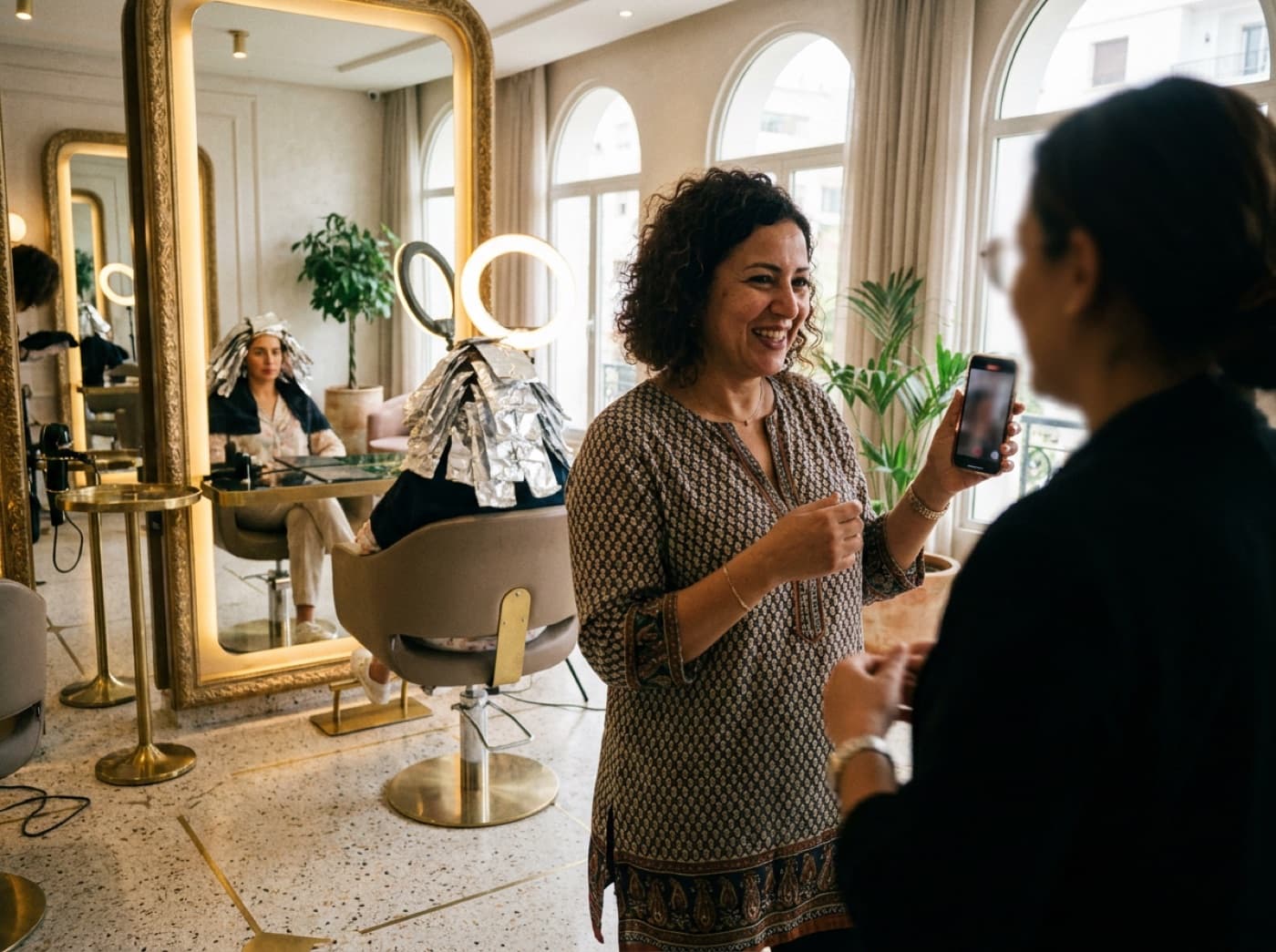 Gérante de salon utilisant WhatsApp Business sur son téléphone