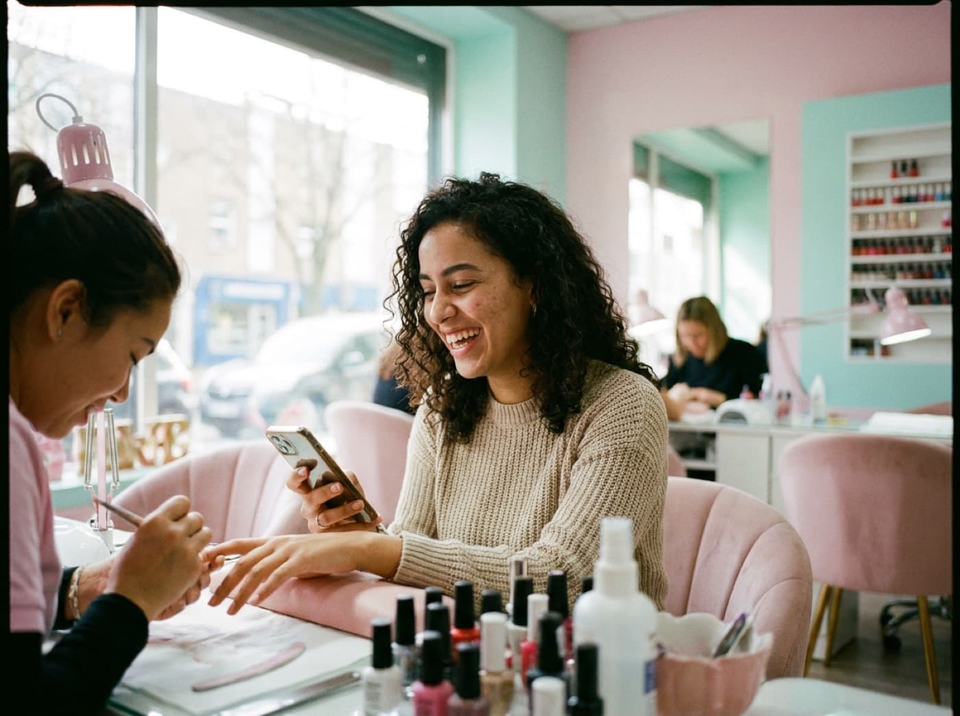 Coiffeuse confirmant une réservation sur son téléphone dans un salon de Casablanca