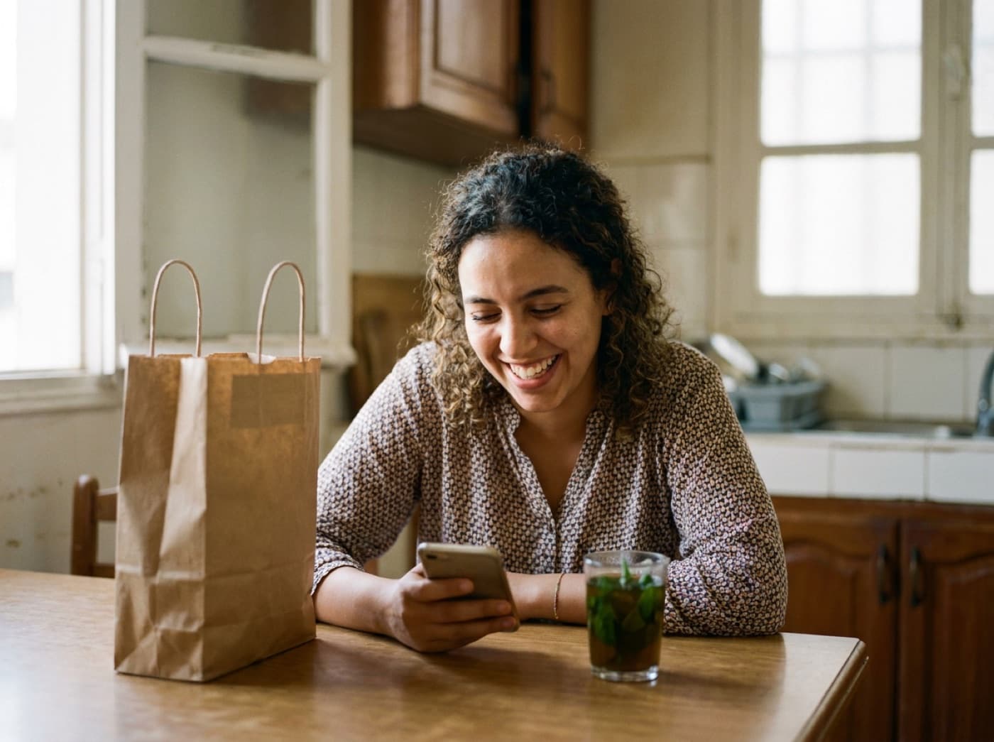 Gérante de boutique en ligne confirmant une commande WhatsApp pendant qu’un livreur attend un colis