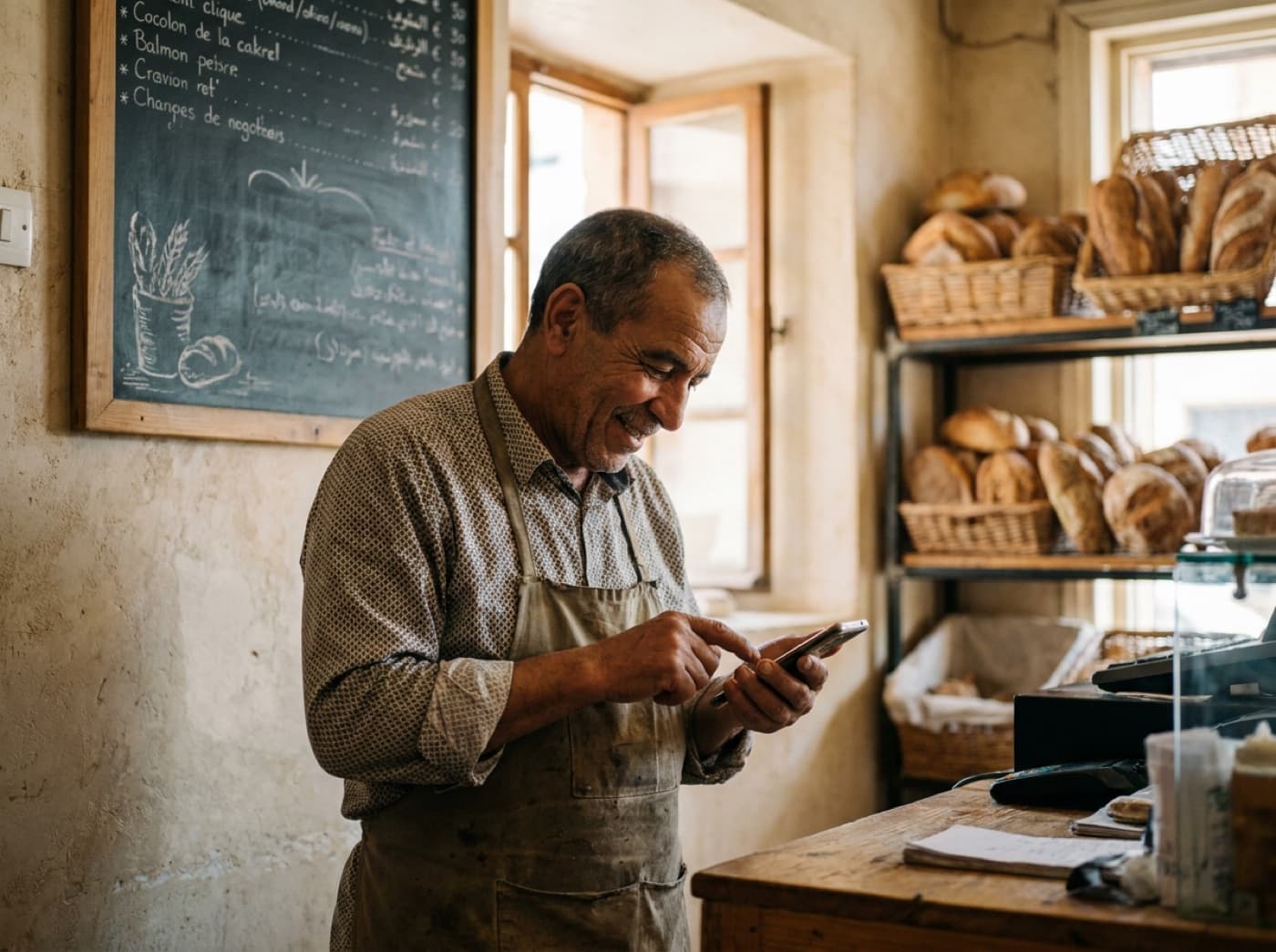 Chef lisant une commande de livraison sur son téléphone dans une cuisine de restaurant